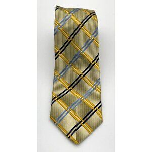 Bruno Piattelli Mens Pure Silk Yellow Blue Plaid Striped Textured Tie Italy